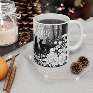 Chic Floral Rabbit Ceramic Mug, Spring Gift, Elegant Tea Cup, Easter Gift, Black and White Coffee Mug, Rabbit Lovers Gift