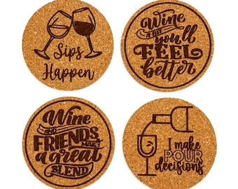 Wine Humor Round Cork Engraved Coasters (Set of 10) Made in Michigan
