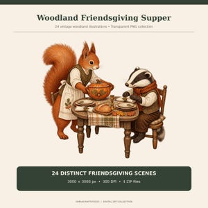 Peut inclure: Une collection numérique intitulée Woodland Friendsgiving Supper comprenant 24 illustrations forestières vintage. L'image principale montre un écureuil en tablier et un blaireau en gilet assis à une table en bois avec une soupière citrouille.