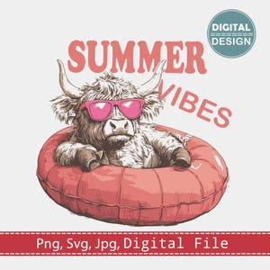 Summer Vibes Highland Cow PNG | Retro Beach Cow Clipart | Funny Summer Shirt Design | Floating Cow Pool Float | Farm Animal Sublimation