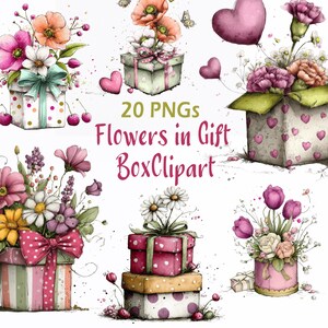 Peut inclure: Illustration numérique à l'aquarelle de boîtes cadeaux ornées de fleurs et de nœuds. Les boîtes sont décorées de pois et de cœurs. Le texte "20 PNGs Flowers in Gift Box Clipart" est affiché au centre.