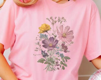 Camiseta de flores silvestres, estilo cottagecore, estilo bohemio vintage con flores, regalo para amantes de las flores, estilo veraniego inspirado en la naturaleza, ropa femenina, tops para mujer