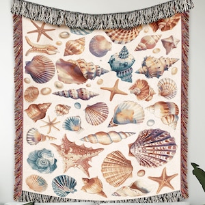 Colorful Seashell Woven Blanket, Coastal Beach-Themed Throw, Ocean-Inspired Summer Decor, Perfect Gift for Beach Lovers