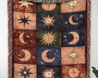 Manta de algodón tejida estilo bohemio, tapiz celestial de sol y luna