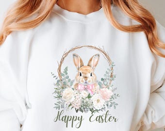 Sudadera de Pascua con diseño de conejito y estampado floral, ropa de Pascua a la moda.