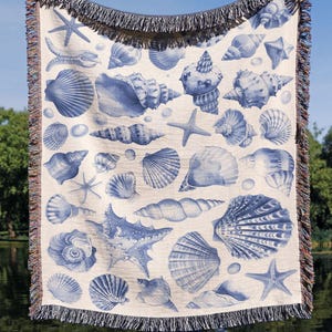 Coastal Seashell Woven Blanket in Blue, Beach-Themed Throw for Summer Decor, Ocean Lover Gift, Perfect for Home or Vacation