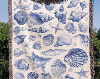 Coastal Seashell Woven Blanket, Beach House Decor