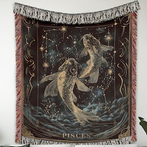 Luxurious Celestial Pisces/fish Zodiac Woven Throw Blanket, Fine Quality Cotton Tapestry, Astrology-Inspired Gift, Elegant Starry Home Decor
