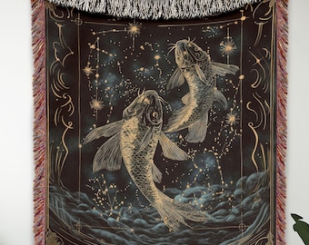 Luxurious Celestial Pisces/fish Zodiac Woven Throw Blanket, Fine Quality Cotton Tapestry, Astrology-Inspired Gift, Elegant Starry Home Decor