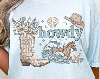 Cow-girl côtière Howdy T-shirt T-shirt de rodéo d'été occidental Chemise graphique de cow-girl de plage T-shirt esthétique de cow-boy de l'océan à la campagne