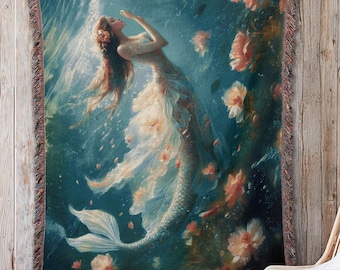 Manta de sirena: Fantasía floral oceánica romántica, decoración de sirena