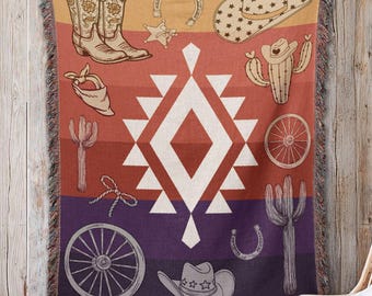 Western Woven Throw Blanket, Cowboy Decor Tapestry