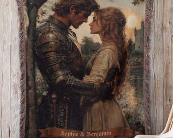 Personalized Knight and Lady Woven Throw Blanket Dark Cottagecore Medieval Romance Tapestry Gothic Light Academia Home Decor