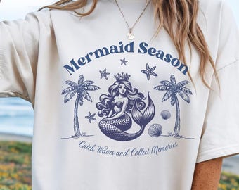 Camiseta de temporada de sirenas, camiseta playera costera, conjunto vacacional para amantes del océano.