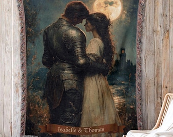 Personalized Knight and Lady Woven Throw Blanket Dark Cottagecore Medieval Romance Tapestry Gothic Light Academia Home Decor