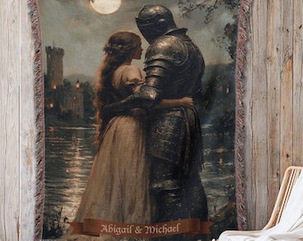 Personalized Knight and Lady Woven Throw Blanket, Dark Cottagecore Medieval Romance Tapestry, Gothic Light Academia Home Decor