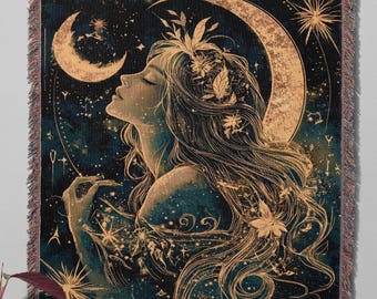 Celestial Virgo Zodiac Cotton Throw Blanket, Starry Tapestry
