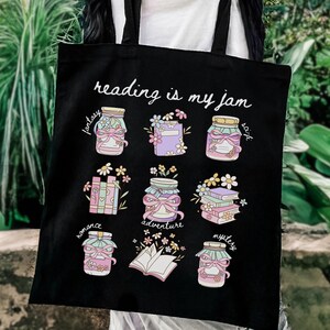 Reading Is My Jam Tote Bag Book Lover Gift Literary Canvas Bag Teacher Book Club Tote Cute Bookish Aesthetic Book Nerd Bag for Readers