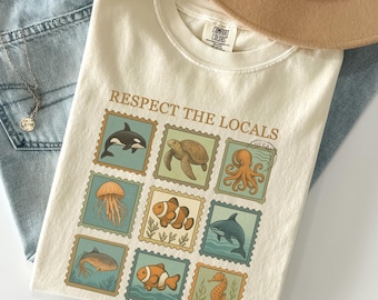 Respect the Locals Ocean Animal Shirt Save the Sea Turtle  Nature Tee Marine Wildlife Lover Retro Graphic Gift for Granola Girls Beach Vibes