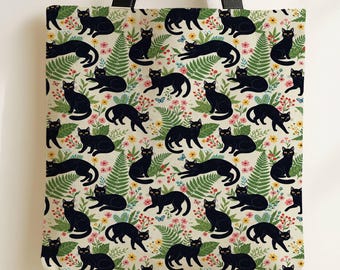 Black Cat Tote Bag Botanical Floral Canvas Bag Reusable Market Shopper Gift for Cat Lovers Eco Friendly Kitty Pattern Book Club Tote