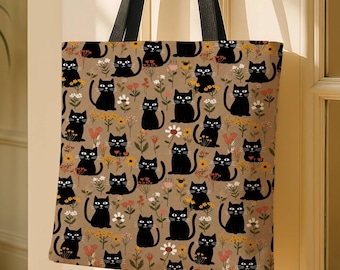 Bolsa de mano con diseño de gato negro y estampado floral, ideal como regalo para amantes de los gatos, bolsa de lona reutilizable y ecológica, ideal para el mercado y el club de lectura.