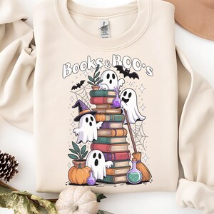 Ghost Books Halloween Sweatshirt Spooky Season Book Lover Sweater Cute Ghost Reading Librarian Outfit Cozy Bookish Fall Gift