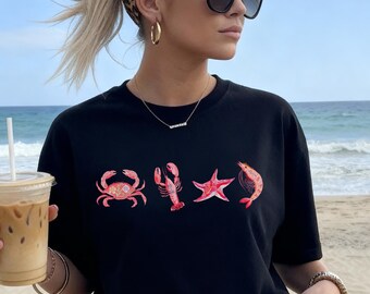 Camiseta con estampado de criaturas marinas costeras, sudadera estilo preppy para vacaciones de verano, camiseta con estampado floral de langosta, cangrejo, estrella de mar y camarón, top playero con animales del océano.