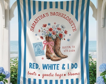 Pancarta personalizada para despedida de soltera del 4 de julio, decoración patriótica para fiesta de despedida de soltera, telón de fondo nupcial "Rojo, blanco y sí, acepto", tapiz para viaje del Día de la Independencia