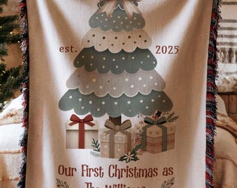 Personalized Christmas Throw Blanket, Our First Christmas as Family Custom Blanket, Cozy Holiday Couple Gift with Name and Year