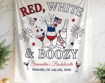 Pancarta personalizada roja, blanca y con alcohol para la despedida de soltera del 4 de julio, telón de fondo patriótico para la fiesta de despedida de soltera en EE. UU., telón de fondo americano para la celebración de la novia estadounidense.