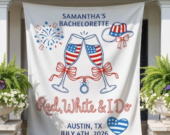 Tapiz para despedida de soltera del 4 de julio, pancarta patriótica personalizada "Rojo, blanco y sí, acepto", decoración para despedida de soltera del Día de la Independencia de la novia estadounidense
