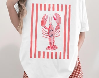 Sudadera con estampado de langosta costera, camiseta para vacaciones en la playa, camiseta estilo preppy náutico para amantes del océano, ideal como regalo de verano, camiseta con estilo vintage para mujer.
