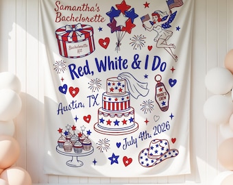 Pancarta personalizada para despedida de soltera del 4 de julio, decoración patriótica roja, blanca y "Sí, quiero" para despedida de soltera, fiesta de julio, telón de fondo para novia estadounidense.