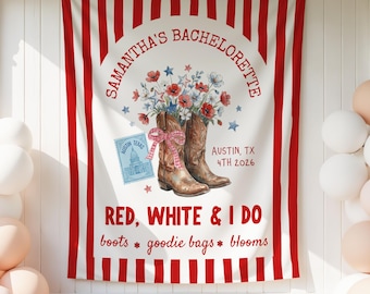 Tapiz para despedida de soltera del 4 de julio, pancarta del Día de la Independencia, decoración personalizada para despedida de soltera, telón de fondo americano del 4 de julio, rojo, blanco y "I Do"
