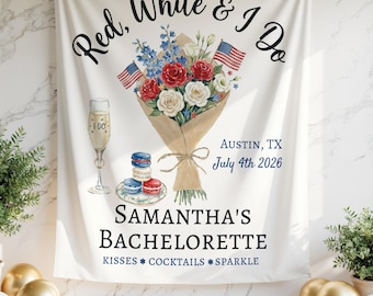 Pancarta de despedida de soltera del 4 de julio, decoración patriótica para despedida de soltera en rojo y blanco, letrero de despedida de soltera de julio "All American Bride", tapiz personalizado para fiesta de compromiso