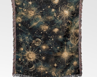 Celestial Zodiac Cotton Woven Throw Blanket, Starry Tapestry