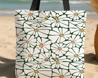 Boho Daisy Flower Tote Bag Floral Canvas Market Bag Reusable Eco Friendly Shoulder Bag Cute Aesthetic Tote Gift for Her Book Lover