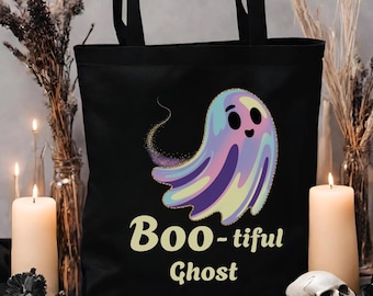 Neon Ghost Tote Bag Boo-tiful Pastel Halloween Bag Cute Creepy Kawaii Ghosty Shopper Spooky Season Trick or Treat Candy Bag Fall Aesthetic