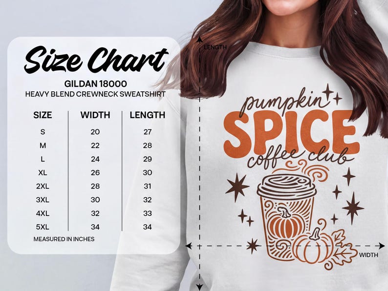 Size chart for Gildan 18000 heavy blend crewneck sweatshirt with "Pumpkin Spice Coffee Club" graphic.