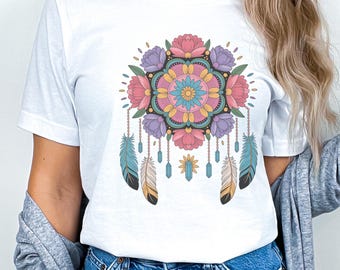 Boho Floral Dreamcatcher Mandala Koszulka Kolorowy Feather Festival Koszulka Duchowa Hippie Koszulka dla Kobiet Prezent dla Wolnej Duszy Duchowej Prezent dla Niej