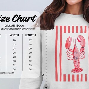 Gildan 18000 sweatshirt size chart with lobster graphic.