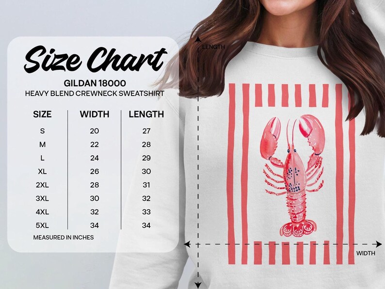 Gildan 18000 sweatshirt size chart with lobster graphic.