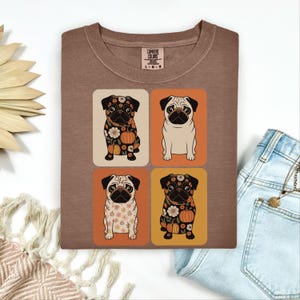 Maglietta autunnale con colori confortevoli per carlini, maglietta in cotone per amanti dei cani autunnali, maglietta con grafica per carlini, outfit per mamma e papà con cane zucca per il Ringraziamento