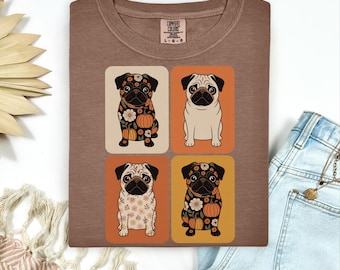 Höstmops Komfortfärger T-shirt Hösthundälskare Bomullströja Mops Grafisk Topp Pumpa Hund Mamma Pappa Thanksgiving Outfit