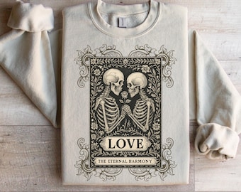 Skeleton Love Sweatshirt Vintage Gothic Couple Pullover Matching Halloween Outfit Romantic Skull Lovers Apparel Spooky Fall Gift Idea