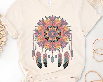 Boho Mandala Dreamcatcher Shirt Kolorowe Pióro Duchowy T-shirt dla Kobiet Hippie Festiwal Strój Uważny Prezent dla Wolnej Duszy Ducha
