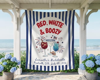 Pancarta "Red White & Boozy" para despedida de soltera, decoración personalizada para fiestas del 4 de julio, telón de fondo patriótico para despedidas de soltera en Nashville, letrero personalizado para despedida de soltera.