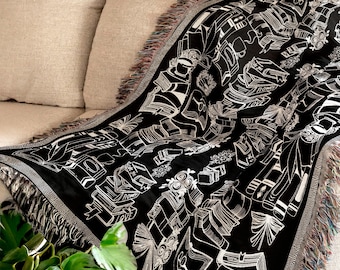 Manta tejida para amantes de los libros, manta literaria, manta acogedora para leer, manta de libros en blanco y negro, regalo de bibliófilo, decoración del hogar para amantes de los libros