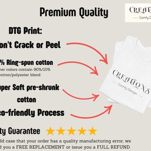 The image is a promotional graphic for a T-shirt company, CREATIONS. It highlights the premium quality of their products, including the DTS Print, which is 100% ring-spun cotton, 100% Heather colors, and a soft pre-shrunk cotton. The image also mentions a quality guarantee, stating that in the case of a manufacturing error, the company will either send a free replacement or issue a full refund.