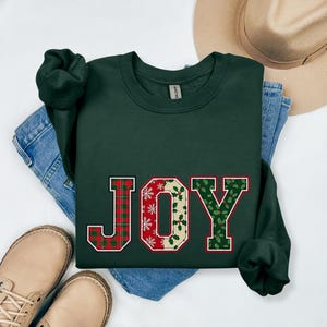Merry Christmas Sweatshirt with Festive JOY Plaid Letters, Most Wonderful Time Holiday Sweater, Cozy Red Winter Pullover Gift